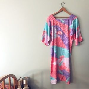 [Vintage] Wide sleeved Pastel Satin Dress Abstract Iris Pattern Polka Dot